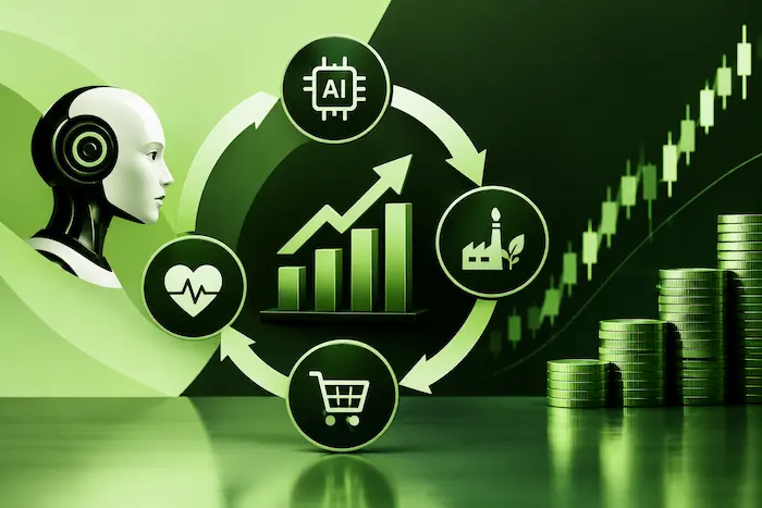 AI and market rotation illustrated with rising stock charts and investment trends