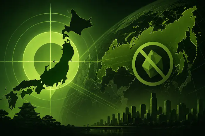 Japan targets Garantex in new sanctions against Russia, shown with a green map and crypto restriction symbol.