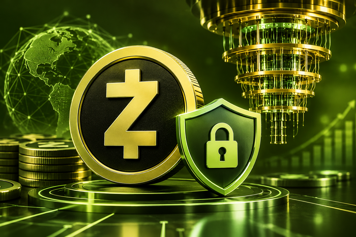 Zcash coin with a security shield and quantum computing technology in olive green and black, representing quantum-resistant protection for 70% of ZEC supply.