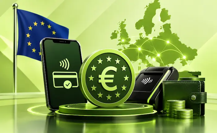 Digital euro payment technology against a light green background