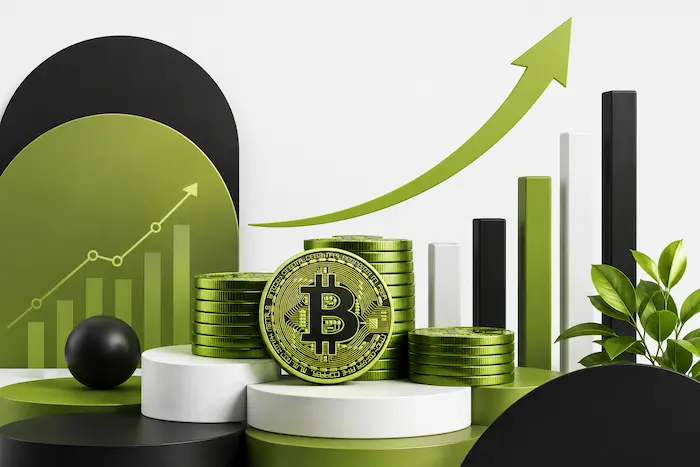 Bitcoin treasury growth illustration with green coins and rising chart.