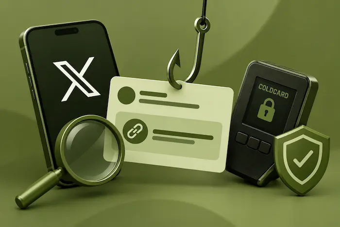 Coldcard investigates a phishing link posted on its official X account, illustrated with a hardware wallet and cybersecurity symbols in olive green.