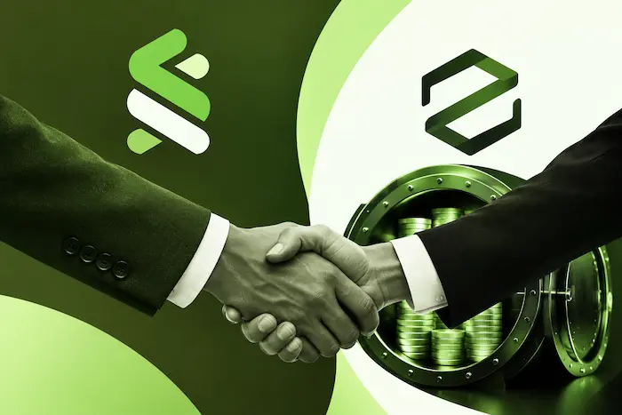 Financial handshake beside secure cryptocurrency vault