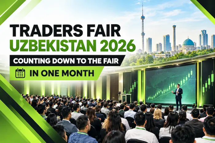 Traders Fair Uzbekistan 2026 countdown banner featuring a financial trading conference in Tashkent.
