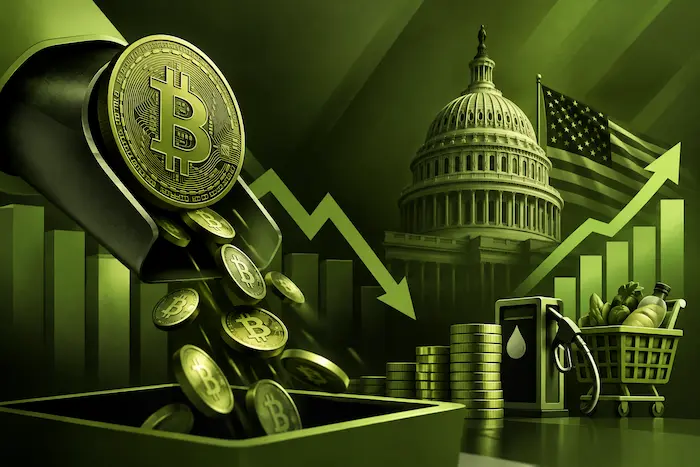 Olive green illustration of Bitcoin outflows, falling cryptocurrency market trends, and rising US inflation costs.