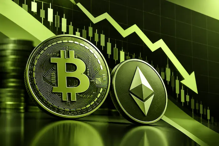 Bitcoin and Ethereum coins against an olive green background with a downward market trend representing ETF outflows.
