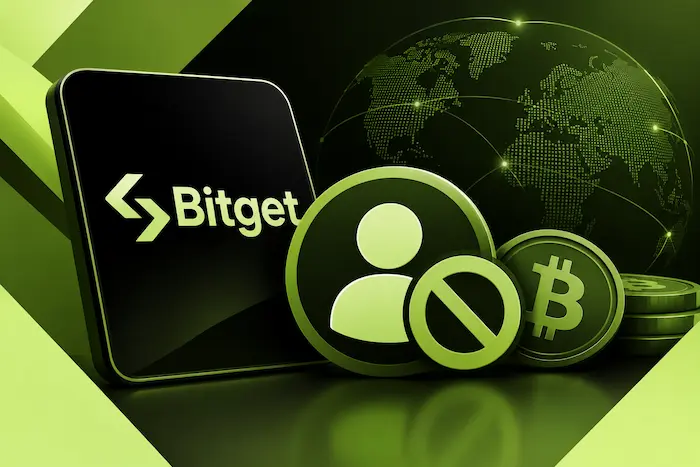 Bitget crypto exchange service restrictions illustrated with a blocked user icon, Bitcoin coins, and a global network in olive green, light green, and black.