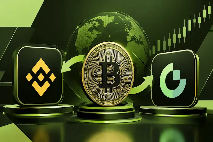 MARA Holdings Bitcoin transfer illustration showing a gold Bitcoin coin between Binance and Gate exchange symbols on an olive green and black background.