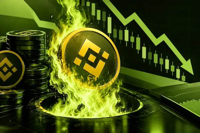 BNB coin surrounded by green flames with a downward market chart, illustrating the $1.197 billion token burn and BNB price resistance.