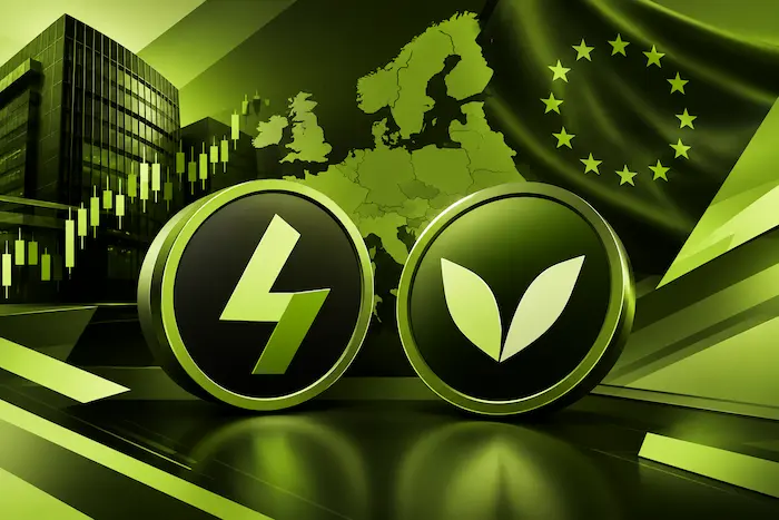 21Shares Lighter and Venice crypto ETPs represented by digital tokens against a European financial market background in olive green, light green, and black.