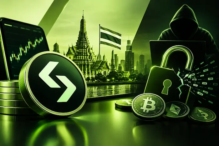 Bitget Thailand expansion concept featuring cryptocurrency trading, a broken digital security lock, and Bangkok’s skyline in olive green, light green, and black.