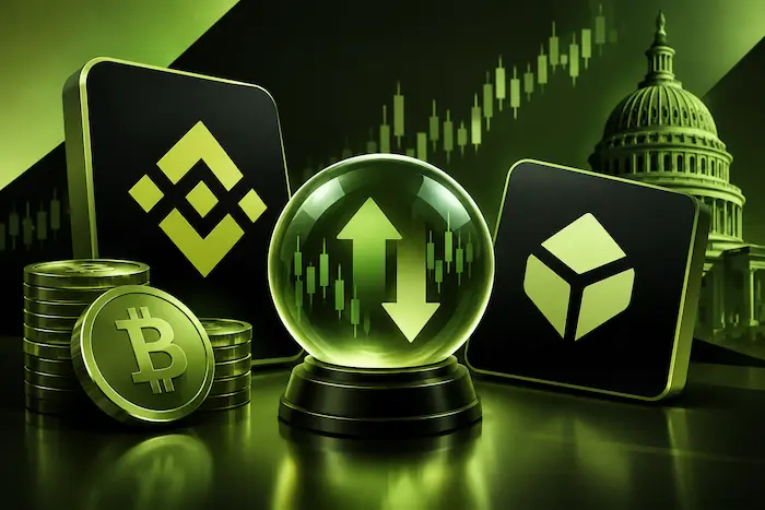 Binance US and Blockchain.com prediction markets illustrated with cryptocurrency symbols in olive green, light green, and black.