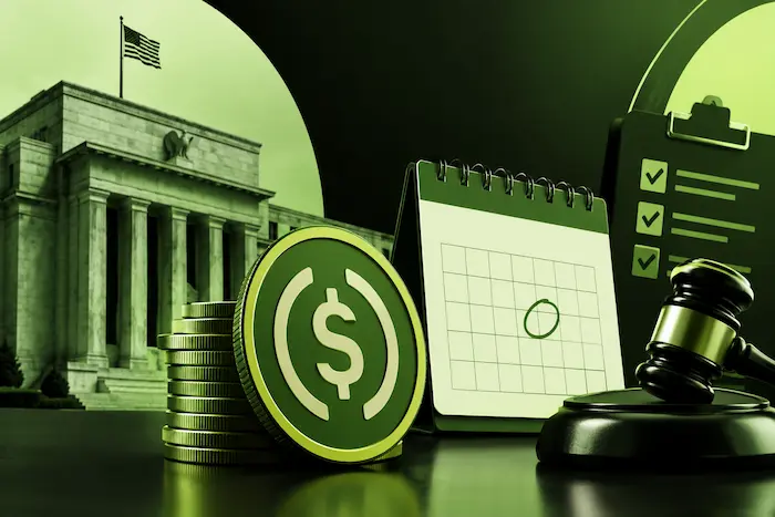 OCC stablecoin regulation illustrated with a dollar-backed crypto coin, government building, calendar, and gavel in olive green and black.