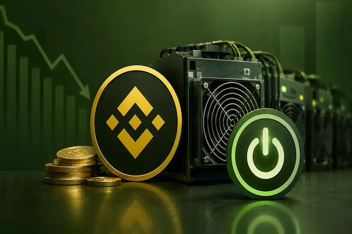 Binance Pool shutdown represented by a cryptocurrency mining rig and Binance coin symbol against an olive-green background.