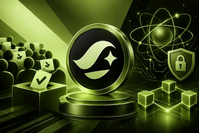 Starknet quantum-resistant blockchain research illustrated with a green cryptocurrency token, governance voting symbols, and cybersecurity elements.