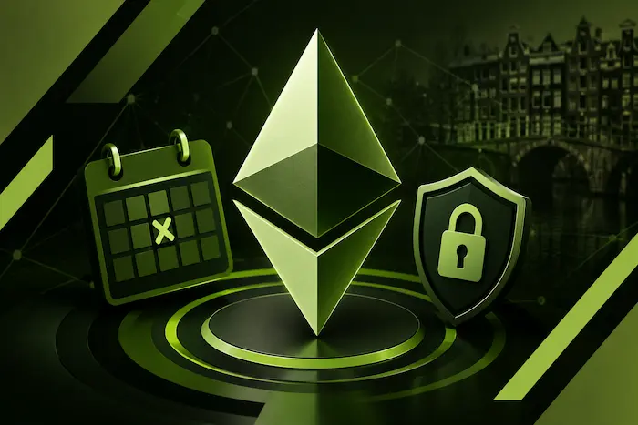 Ethereum Glamsterdam upgrade delay illustrated by an Ethereum logo, canceled calendar, and security shield in olive green, light green, and black.