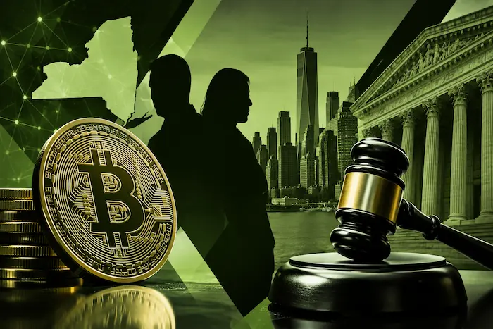NovaTech crypto fraud case as New York seeks $1.37 billion from founders, featuring cryptocurrency, a courthouse, and a judge’s gavel.