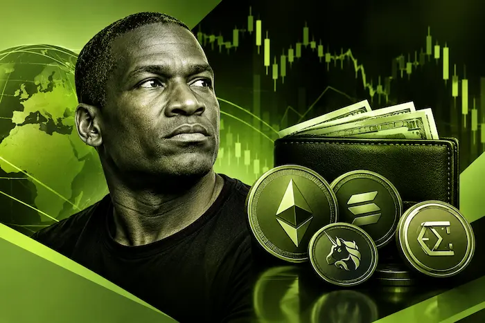 Arthur Hayes crypto portfolio exit illustration featuring cryptocurrency coins, cash, and market charts in olive green, light green, and black.