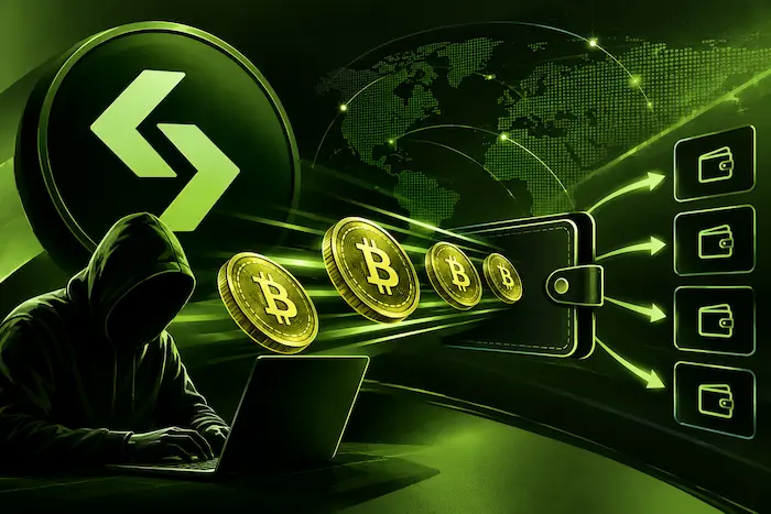 Bitget hacker moving Bitcoin between digital wallets amid a dark olive green and light green cybersecurity network.