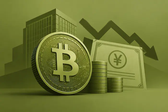 Olive-green illustration of a businessman under financial investigation, with a magnifying glass, stacked coins, Chinese flag, city skyline, and a declining financial chart.