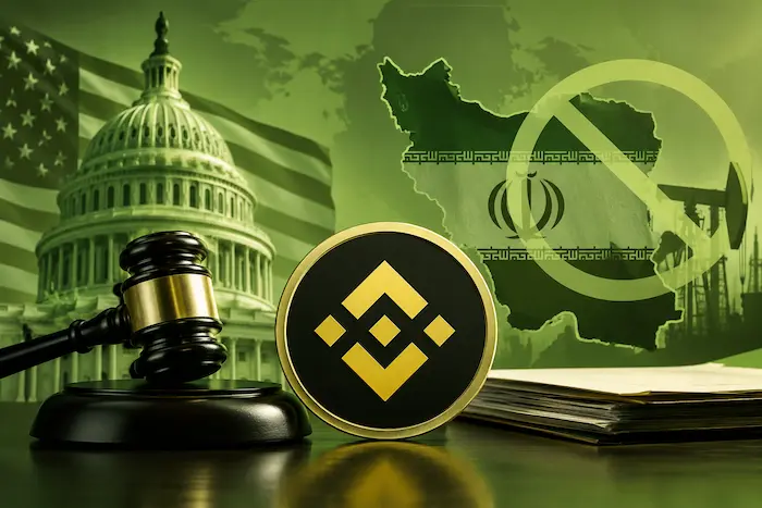 Binance logo with a judge’s gavel and the U.S. Capitol illustrating DOJ scrutiny over Iran sanctions compliance.