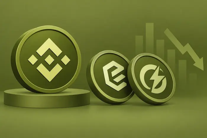 olive green illustration of Binance and cryptocurrency tokens with a downward market trend, representing the delisting of EPIC and QUICK from spot trading.
