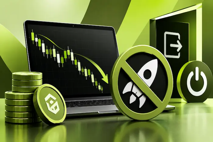 Olive green, light green, black and white illustration depicting a crypto exchange shutdown and cancelled token launch.