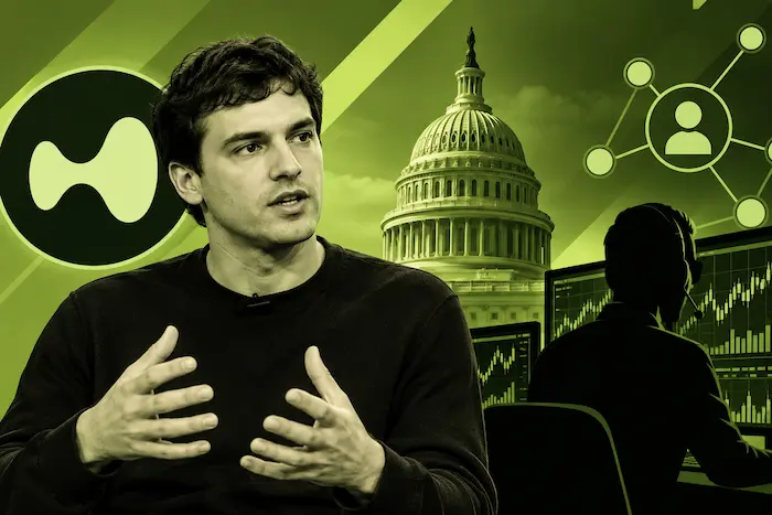 Hyperliquid founder and US Capitol with financial market graphics in olive green, light green, and black.