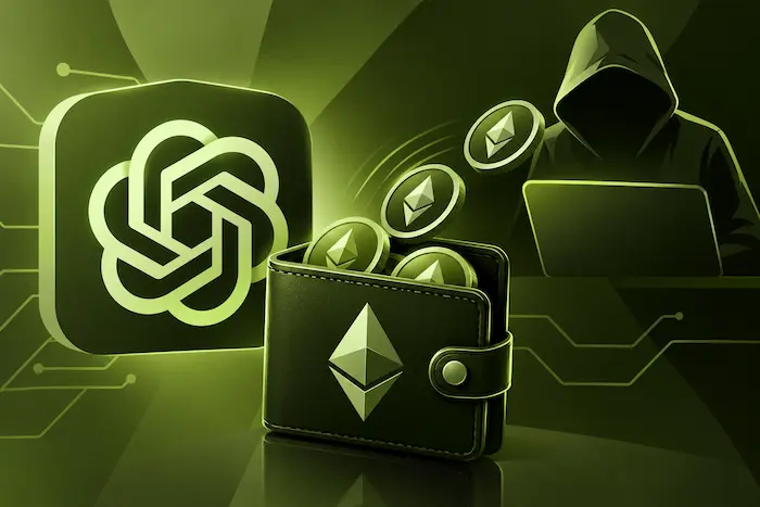 Olive green illustration of a digital wallet, Ethereum coins, and an AI symbol representing unauthorized cryptocurrency fund use.