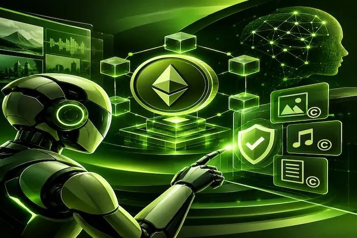 Soneium AI agents checking digital IP rights using blockchain technology.